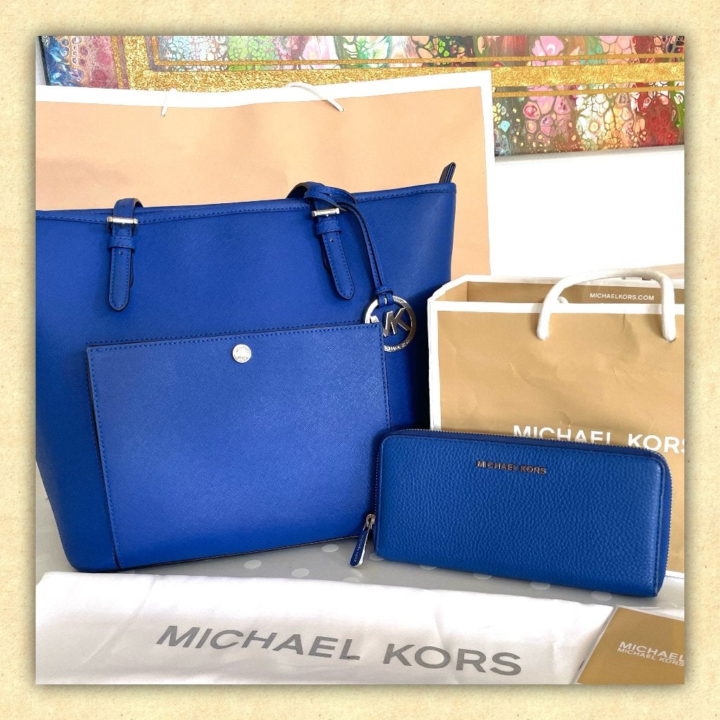 Michael Kors shopper/tas, leer en portemonnee, Overige merken, Blauw, Ophalen of Verzenden, Zo goed als nieuw