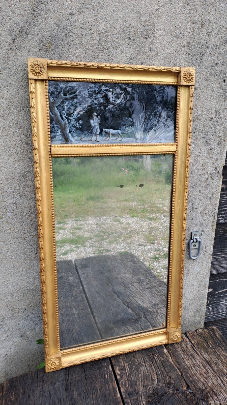 Antieke spiegel met jachttafereel, verguld frame, Huis en Inrichting, Gebruikt, 100 tot 150 cm, Ophalen of Verzenden, Rechthoekig