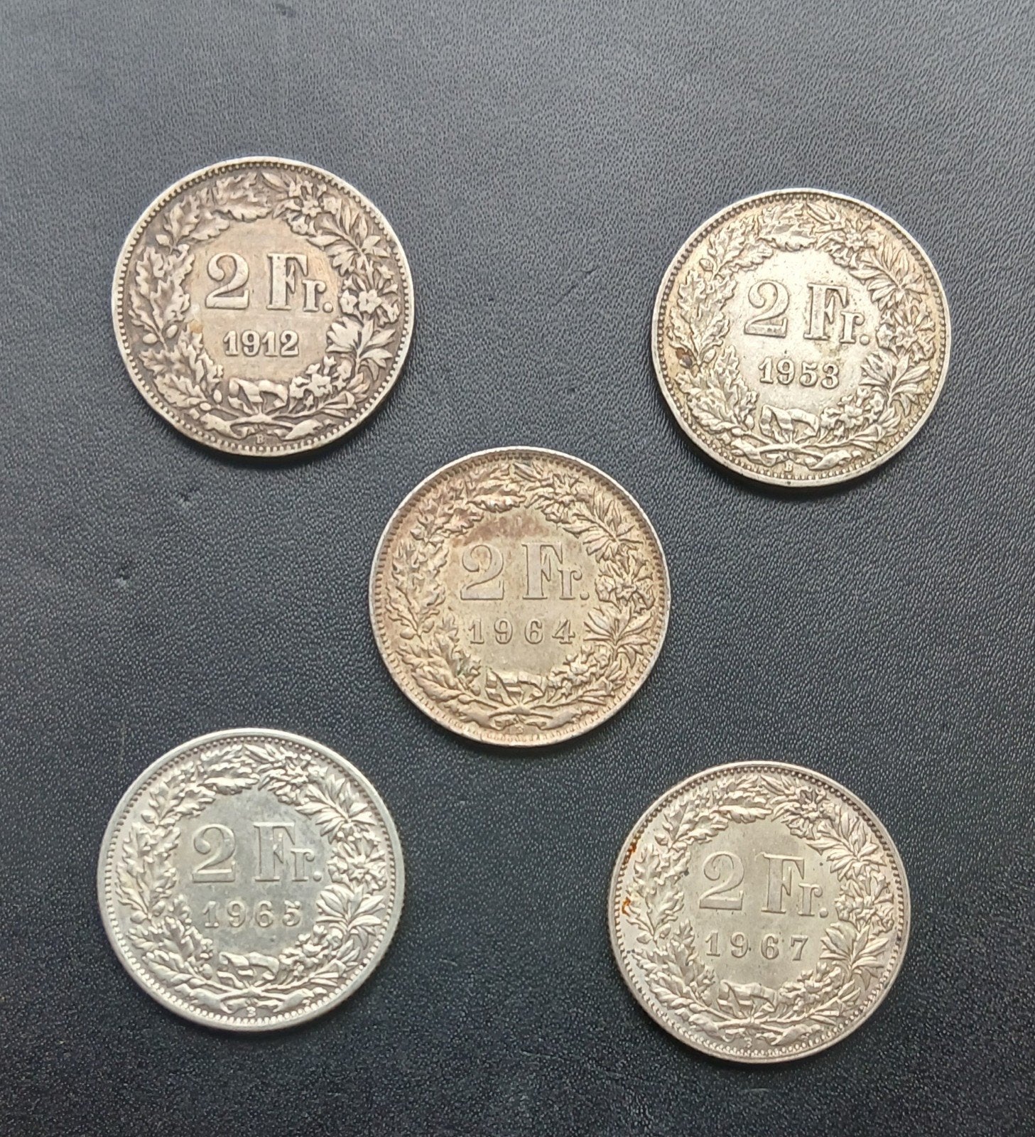Zwitserland: 5x zilveren 2 frank 1912-1967, Postzegels en Munten, Verzenden, Overige landen, Setje, Zilver