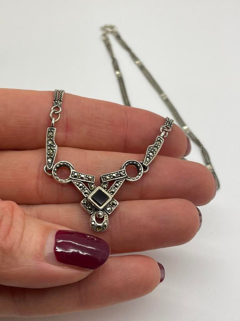 C866 Prachtige vintage zilveren ketting onyx markasiet, Ophalen of Verzenden, Zilver, Ring, Met edelsteen