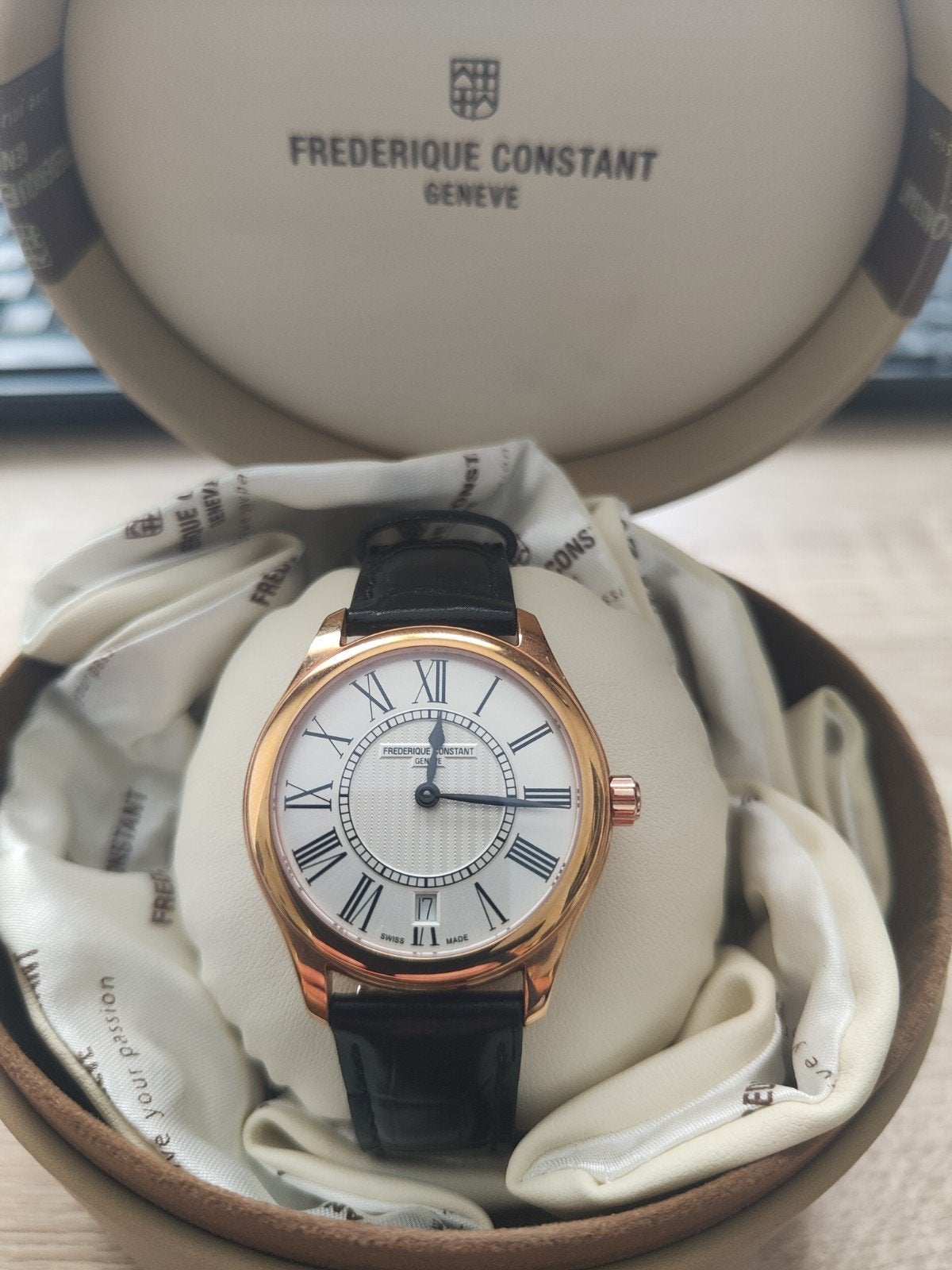 Frederique Constant Horloge - nieuw met boekje, Overige merken, Overige materialen, Leer, Polshorloge