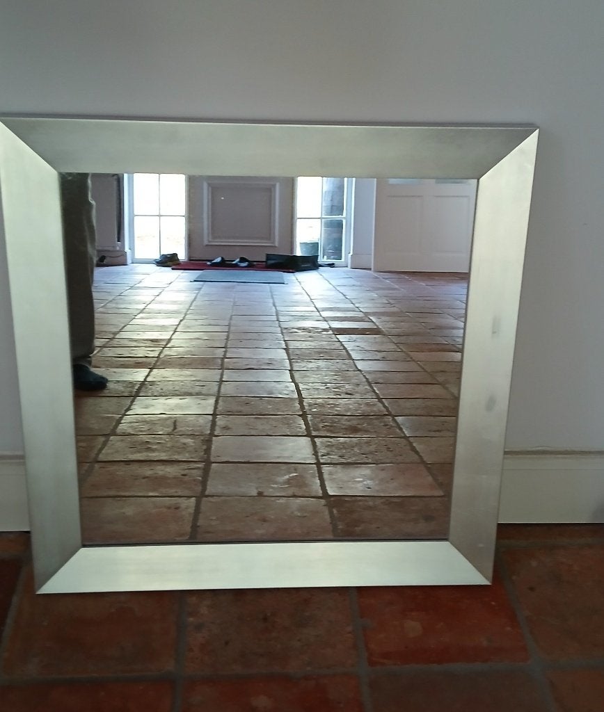 2 identieke spiegels met zilverkleurige lijst 61x61 cm, Ophalen, Gebruikt, Vierkant, Minder dan 100 cm