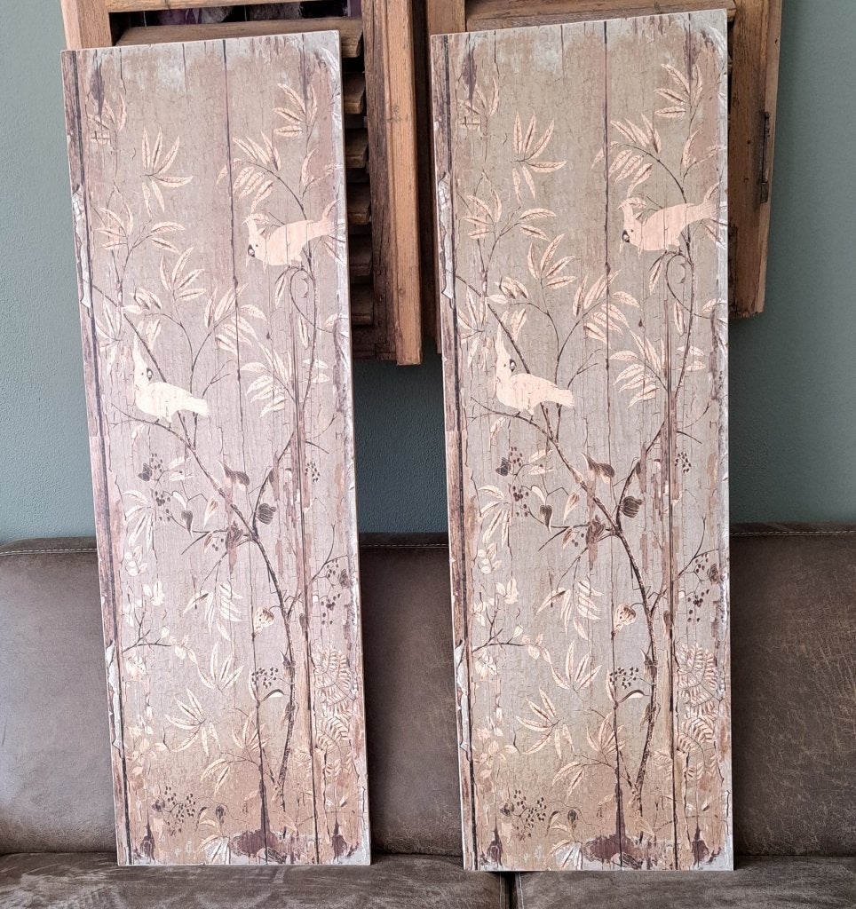 2 Houten panelen met afb. van bloemen en vogels, Ophalen, Huis en Inrichting