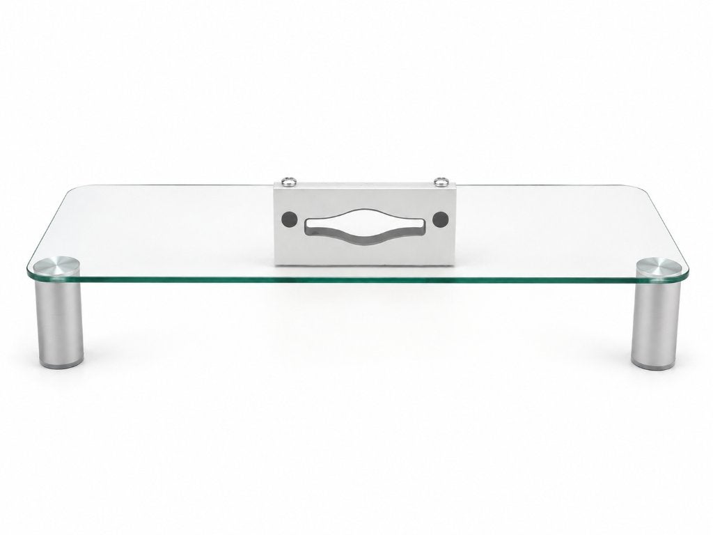 Glazen Monitorverhoger 62 x 26 cm – Aluminium steunen, ., Ophalen of Verzenden, Zo goed als nieuw, .