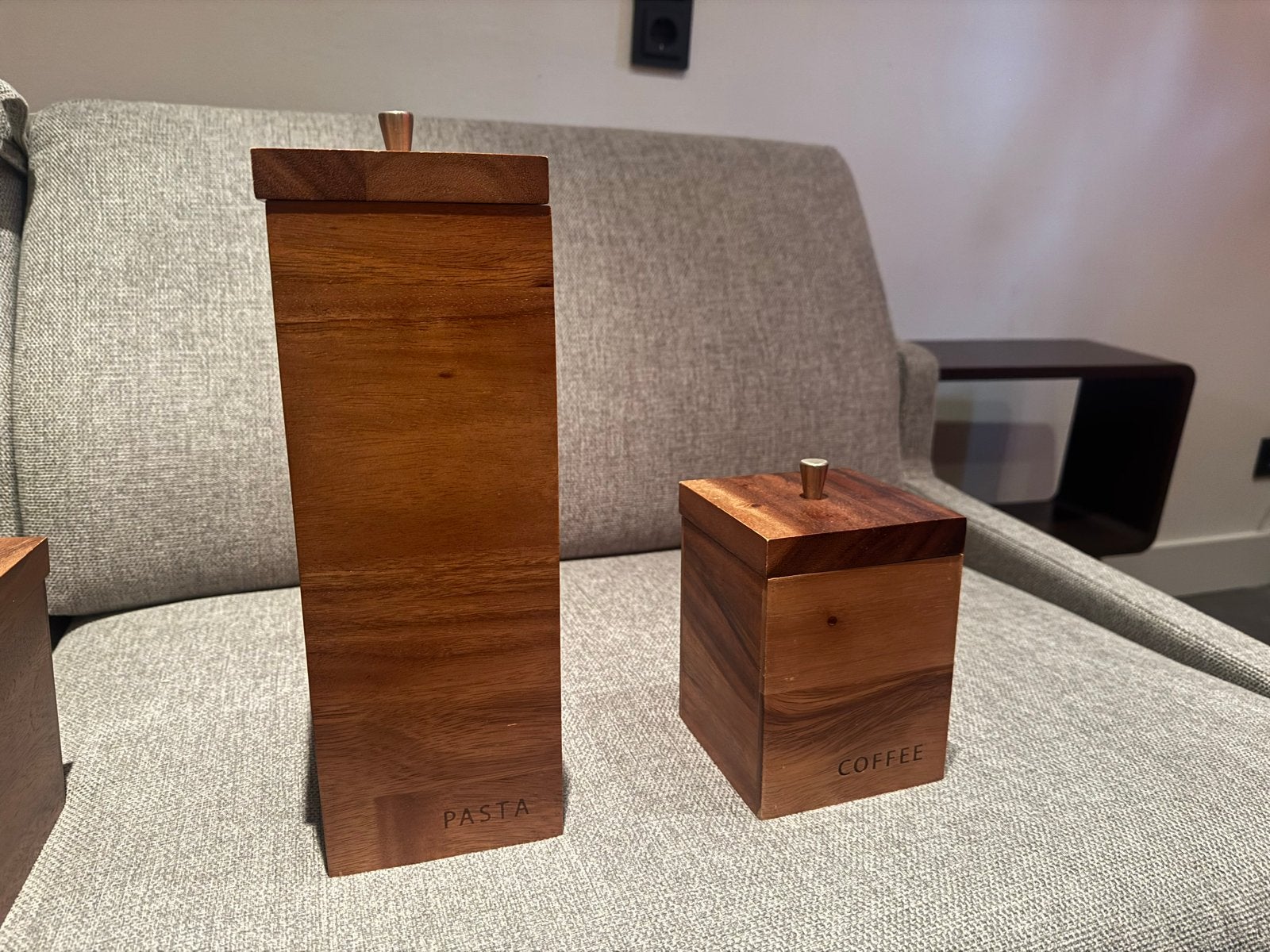 Houten voorraadpotten set (pasta, koffie, suiker, thee), Ophalen, Hout, Zo goed als nieuw, Voorraadpot