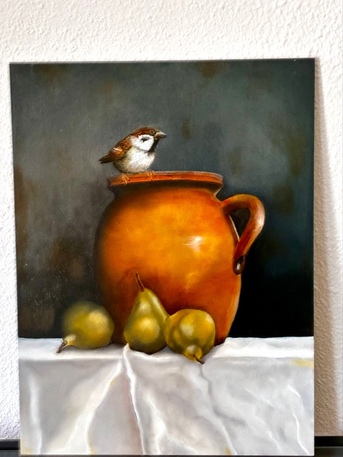 Stilleven met vogel en peren, olieverf op paneel, Paneel, Stilleven, Ophalen of Verzenden, Handgeschilderd