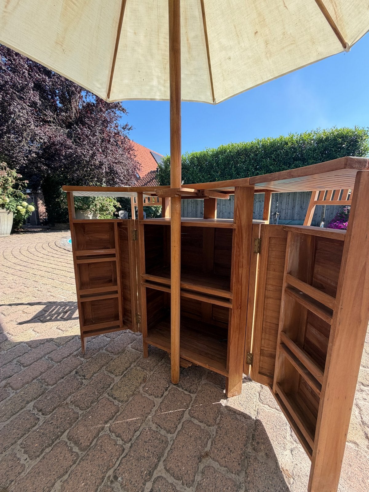 Teakhouten buitenbar met parasol en barkrukken, Ophalen, Gebruikt, Rechthoekig, Teakhout
