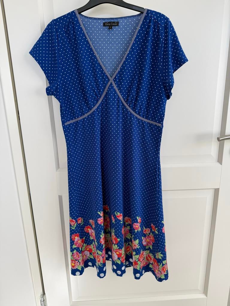 King Louie jurk blauw met stippen en bloemen (maat L), Kleding | Dames, Jurken, Zo goed als nieuw, Maat 42/44 (L), Blauw, Knielengte