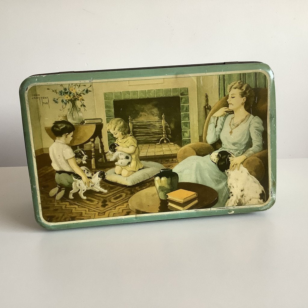 Prachtig groot vintage blik Schuyenbroek 1948, Verzamelen, Ophalen of Verzenden, Gebruikt, Koek(jes), Overige merken