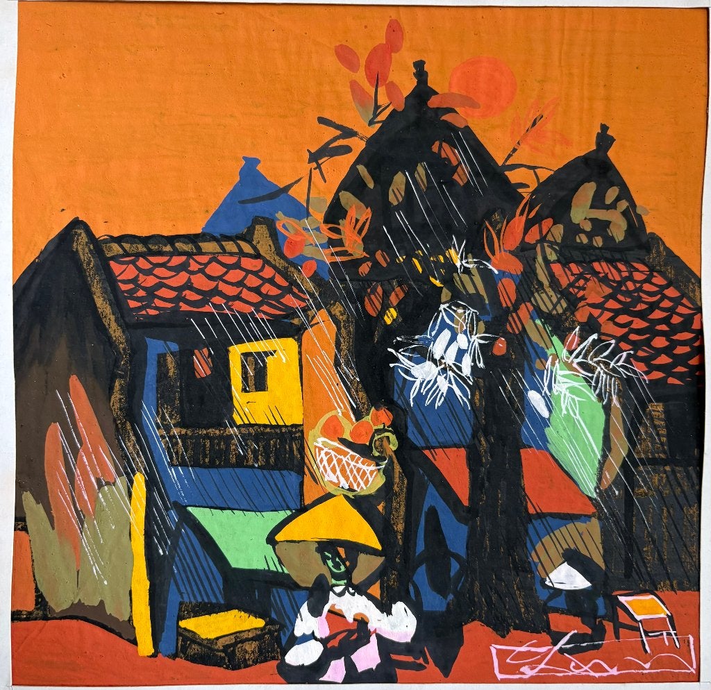 Vrolijk schilderij, Vietnam?, Ophalen of Verzenden, Papier/karton, Gesigneerd, Landschap