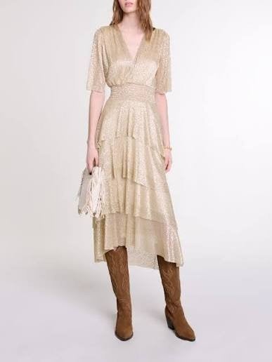 Maje gouden glitter jurk met ruches, Ophalen of Verzenden, Maat 36 (S), Goud, Onder de knie