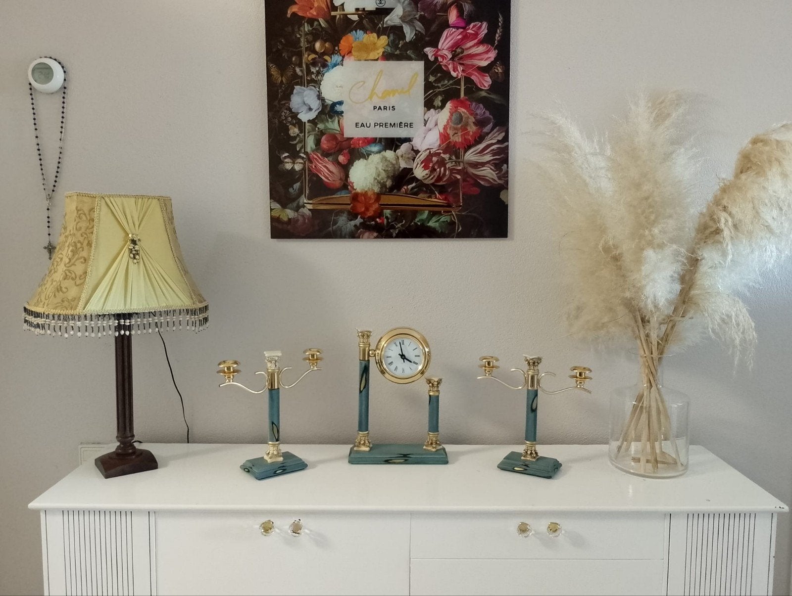 Vintage 3-delig garnituur, tafelklok en twee kandelaars, Antiek en Kunst, Antiek | Kandelaars, Ophalen of Verzenden, Overige materialen