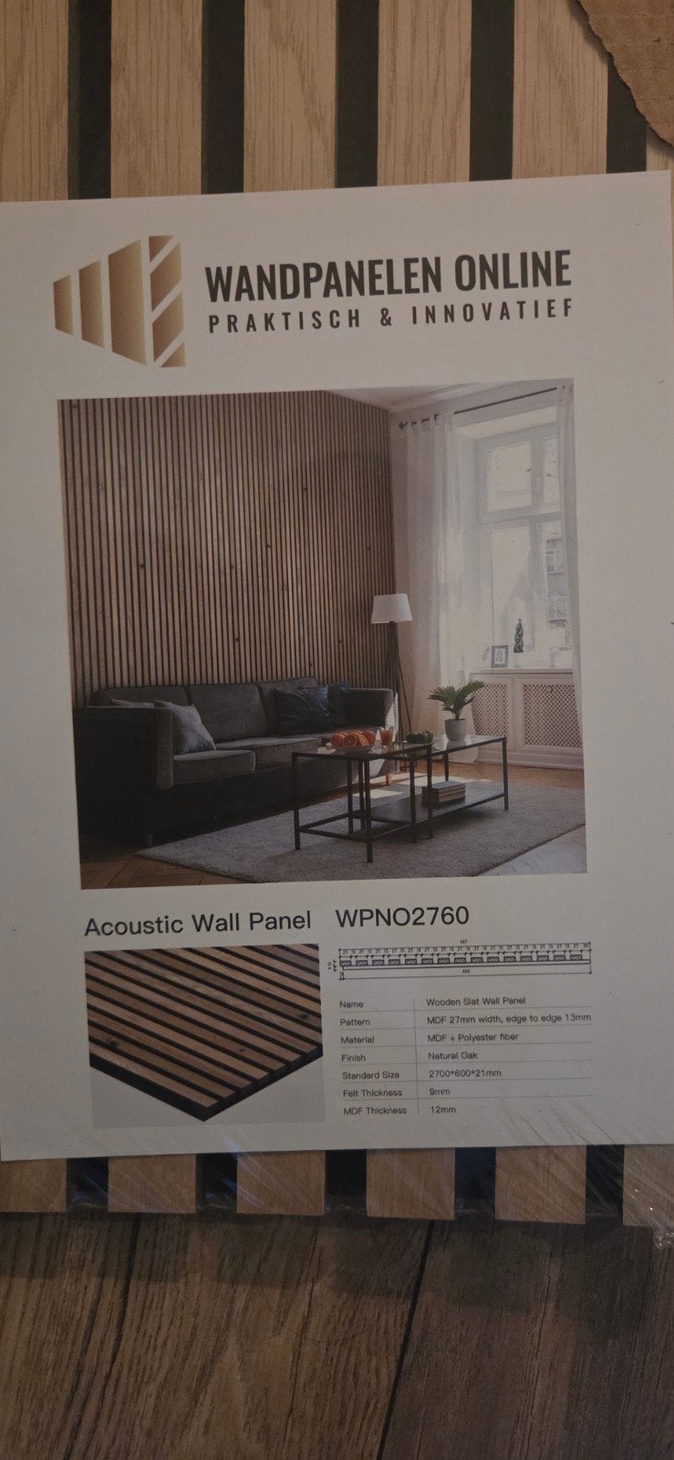 Akoestisch wandpaneel - Eikenhout look - 270x60cm, Ophalen, Hout, Nieuw, Modern