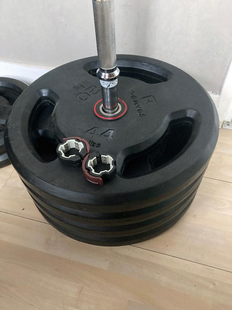 Domyos Halterschijfen & Halterstang + Virtufit Drop Pads, Ophalen, Zo goed als nieuw, Overige typen