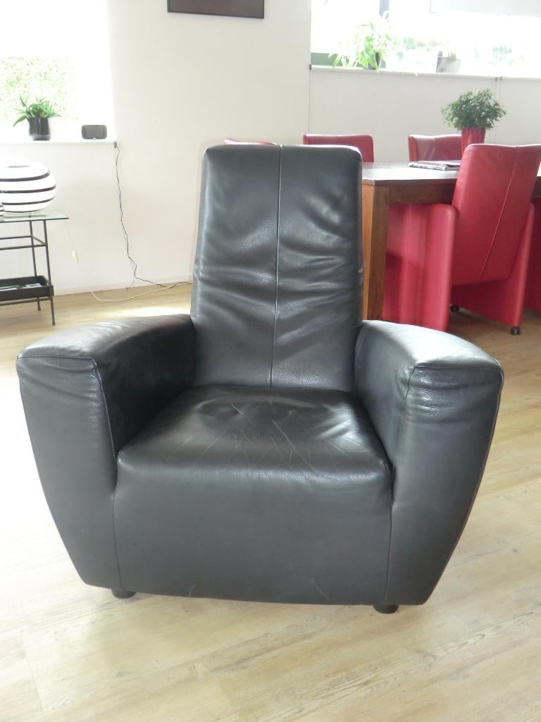 Label: Zwart leren Fauteuil, Ophalen, Gebruikt, Tijdloos, 50 tot 75 cm