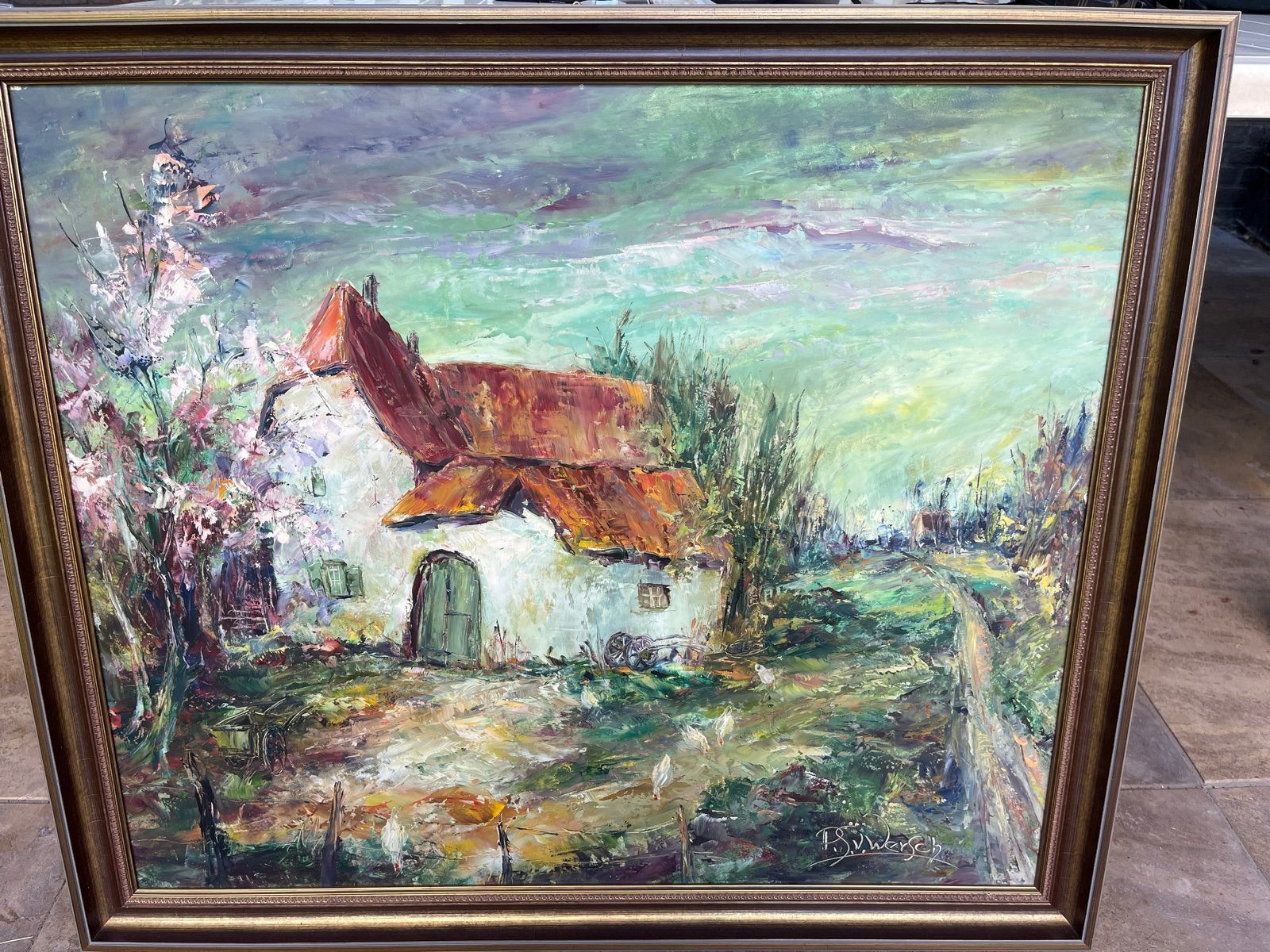 Schilderij P. van Wersch - Landschap met boerderij, Antiek en Kunst, Doek, Impressionistisch, Ophalen of Verzenden, Gesigneerd