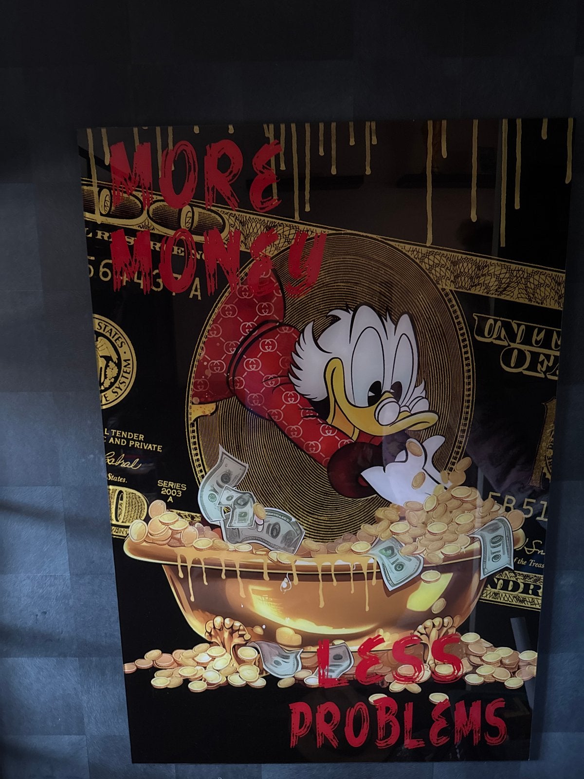 Mooi Schilderij Dagobert Duck - More Money Less Problems, Antiek en Kunst, Ophalen, Stripfiguren/cartoons
