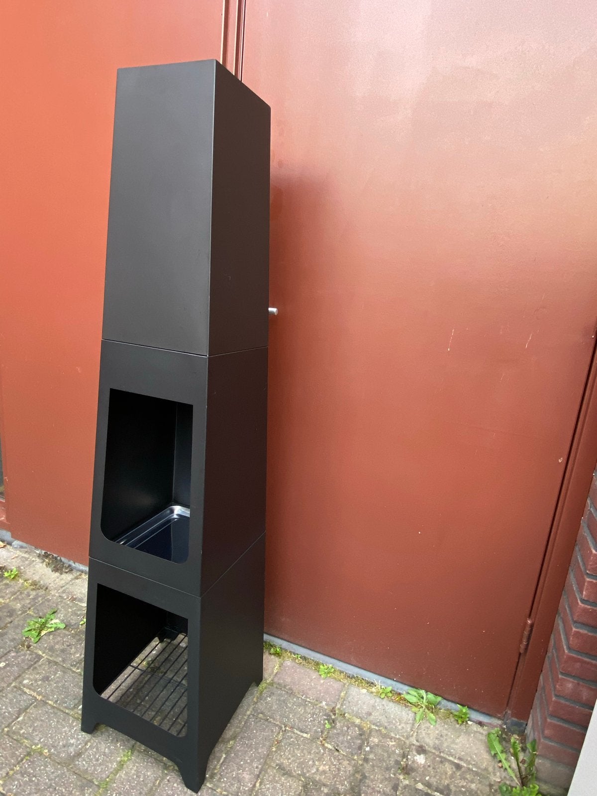 Moderne zwarte vuurzuil met aslade, Ophalen of Verzenden, Gebruikt, Vuurkorf