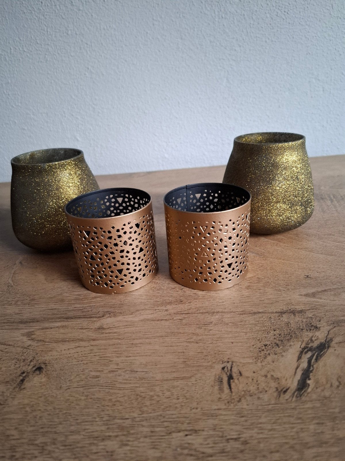 Gouden theelichthouders - set van 4, Huis en Inrichting, Waxinelichthouder, Ophalen of Verzenden, Goud, Glas