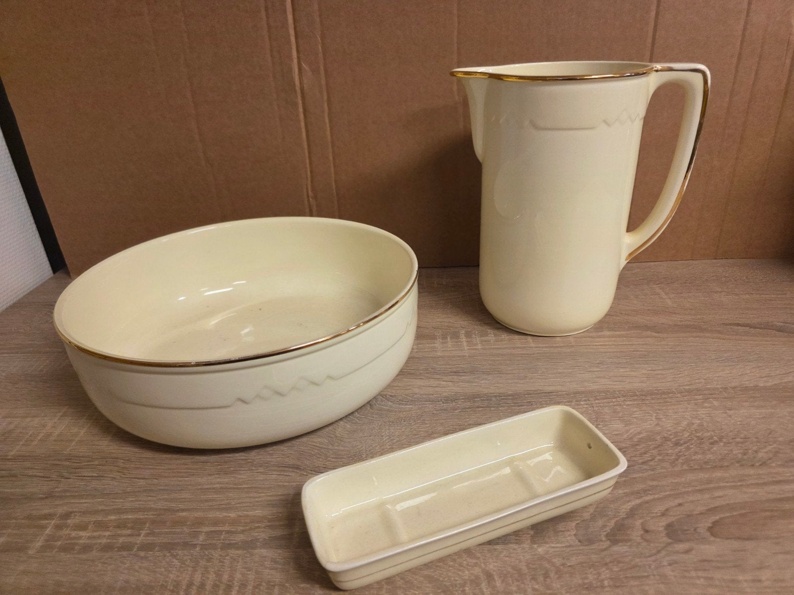 Lampetstel Vintage crèmekleurige kom, kan en schaaltje, Antiek en Kunst, Ophalen of Verzenden