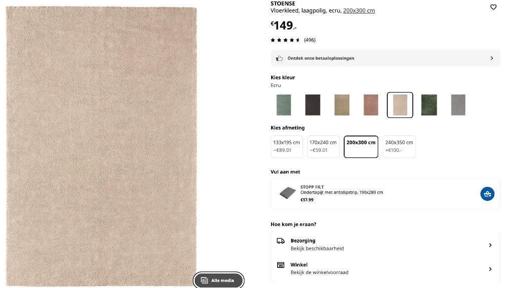 IKEA STOENSE vloerkleed ecru 200x300, Ophalen, Gebruikt