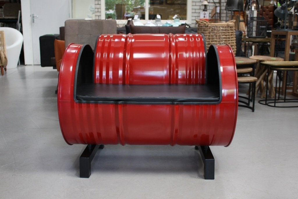 Stoer bankje / fauteuil van een olievat industrieel mancave, Ophalen, Nieuw, 75 tot 100 cm, 75 tot 100 cm