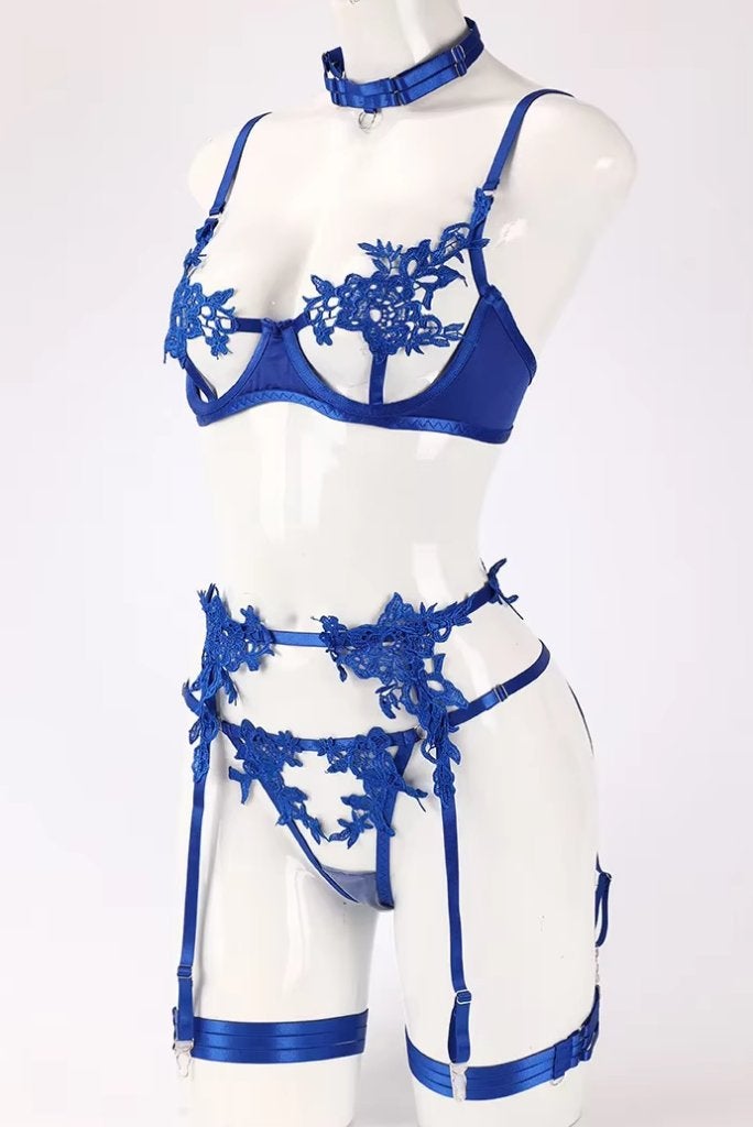 Doorzichtig blauw bloemen bh slipje setje lingerie dames, Verzenden, Blauw, Setje