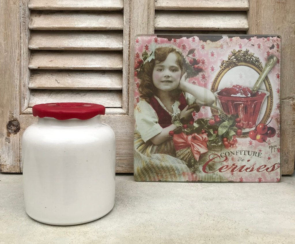 Franse grès pot mosterdpot met rood deksel