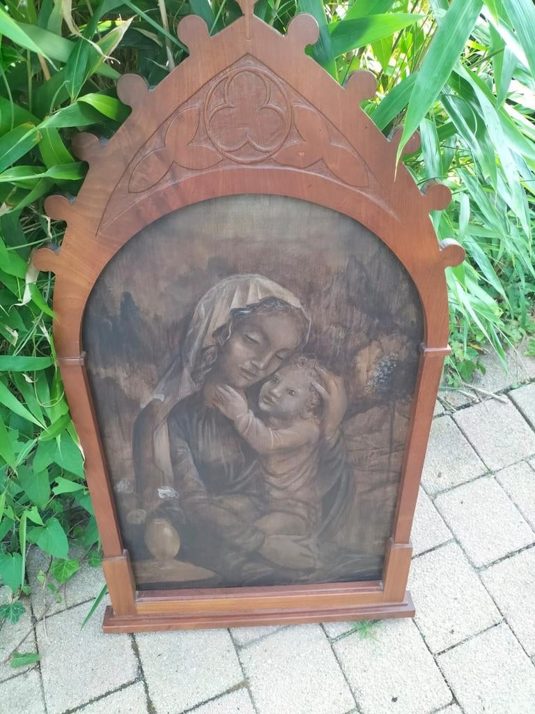 Antiek Maria met Kind schilderij in gotische lijst, Antiek en Kunst, Antiek | Religie, Ophalen