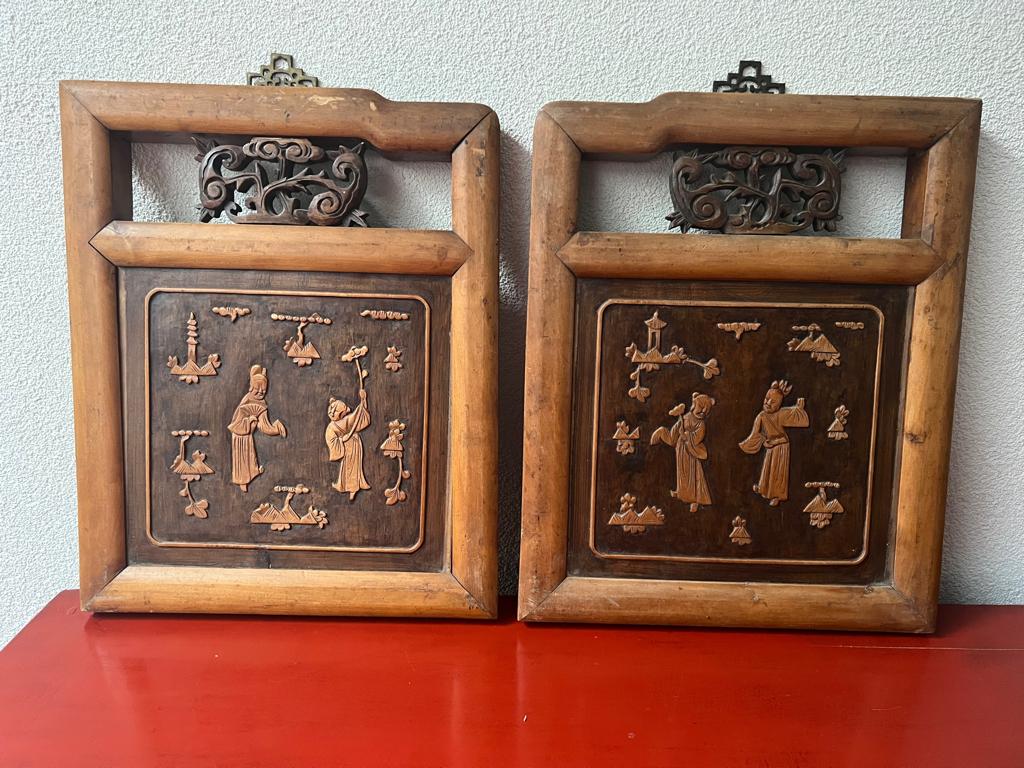 Japans houtsnijwerk wandpaneel 2 luik met ophanging oud, Verburgt Vintage, Gebruikt, 31 cm, Hout