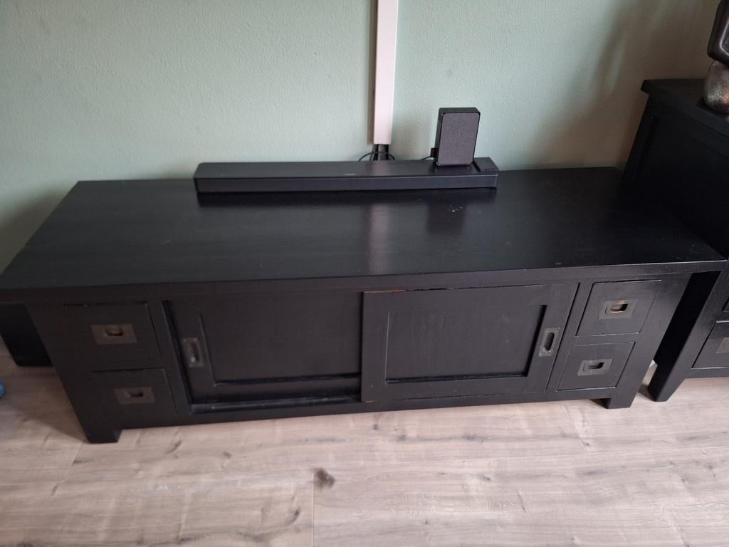 Zwart geschilderd Teakhouten TV-meubel 150x50x50 cm, Ophalen, Gebruikt, 25 tot 50 cm, Minder dan 100 cm