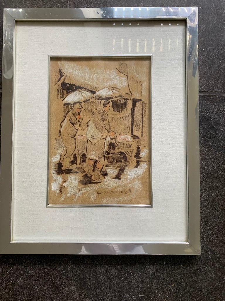 Charles Pardell stelletje onder paraplu ingelijst, Antiek en Kunst, Ophalen of Verzenden, Achter glas, Tekening, Portret of Personen
