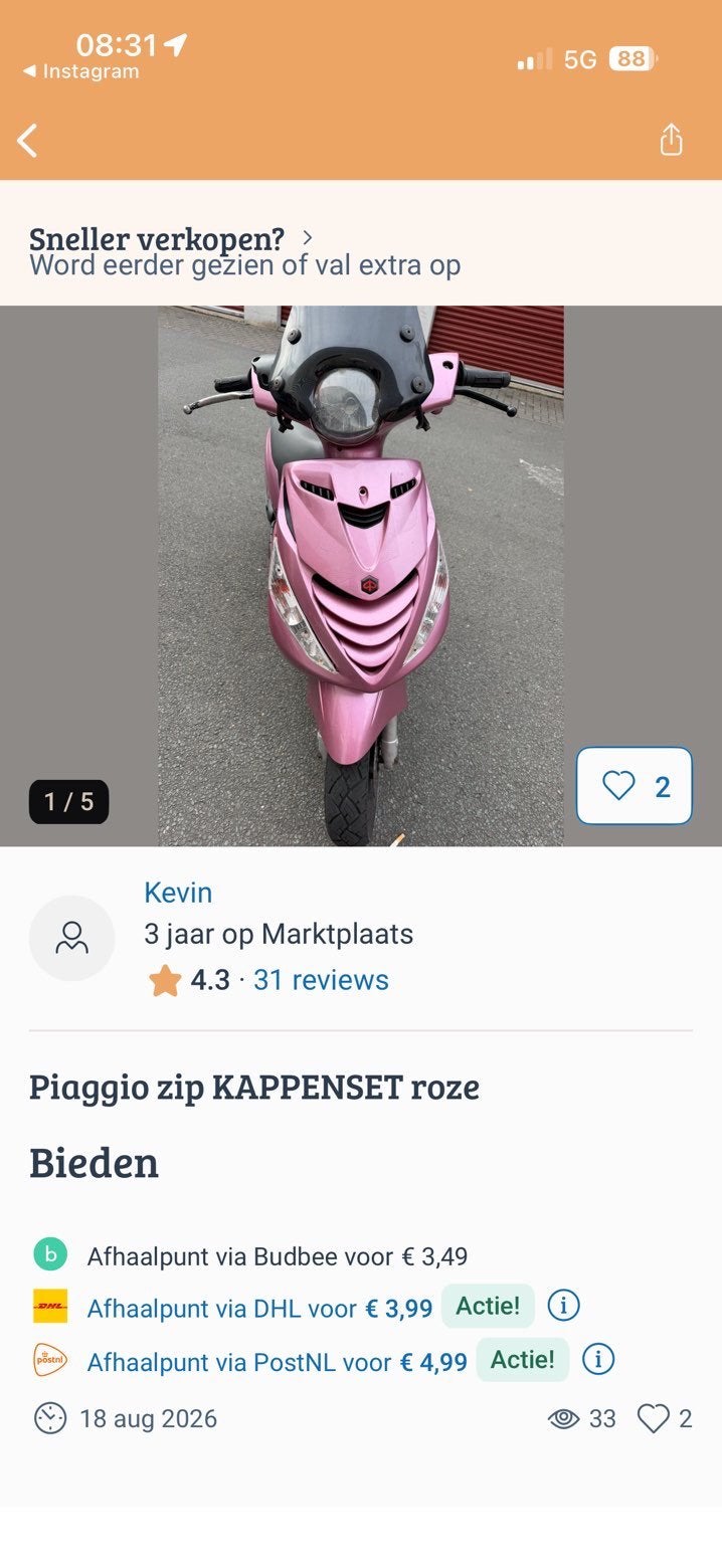 zip kappenset roze, Verzenden, Zo goed als nieuw, Benzine, Zip