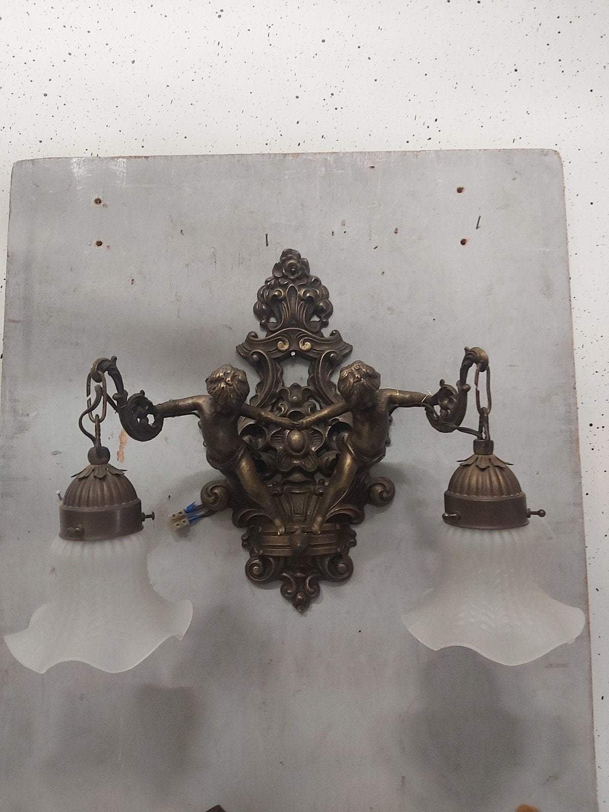 Grote antieke bronzen cupido engelen wandlamp, Ophalen of Verzenden