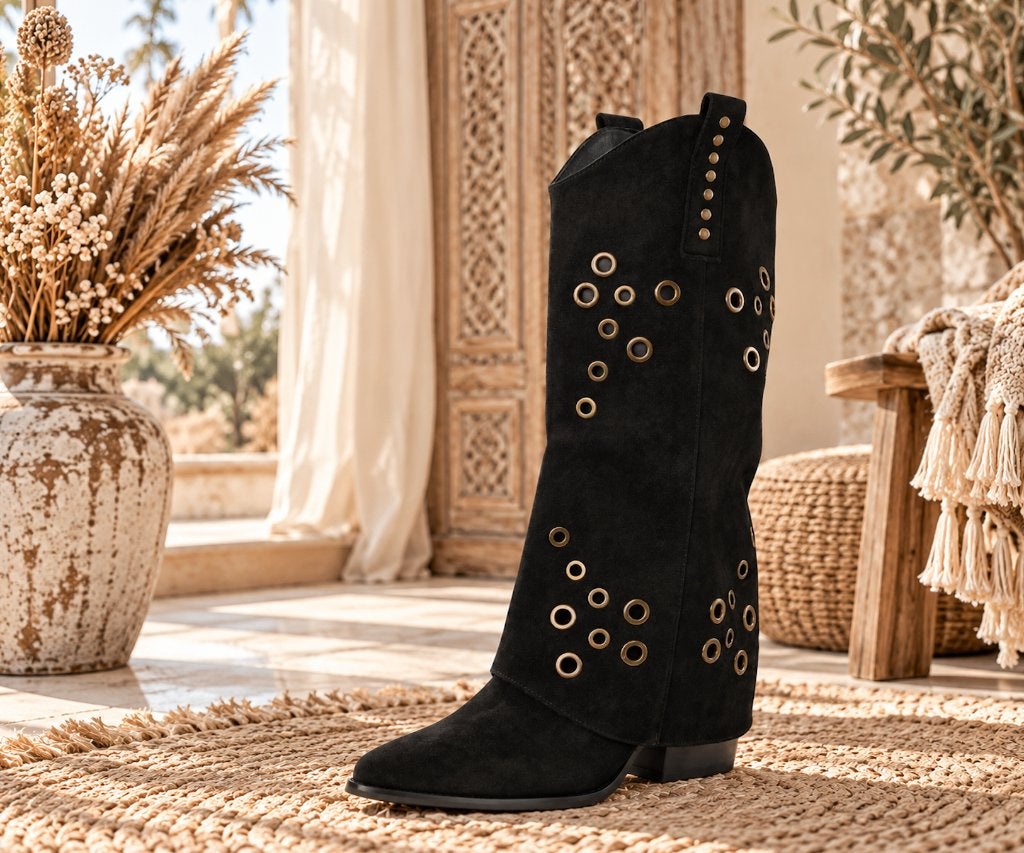 Boho Western Laarzen – Black & Gold Maat 38, Hoge laarzen, Zwart, Nieuw, Ophalen of Verzenden