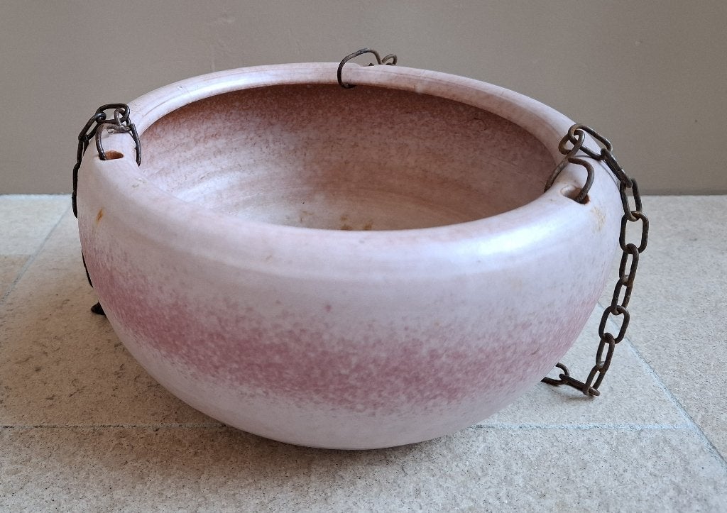 Grote vintage gemêleerd roze hangbloempot van keramiek, Gebruikt, Rond, Binnen, Ophalen of Verzenden