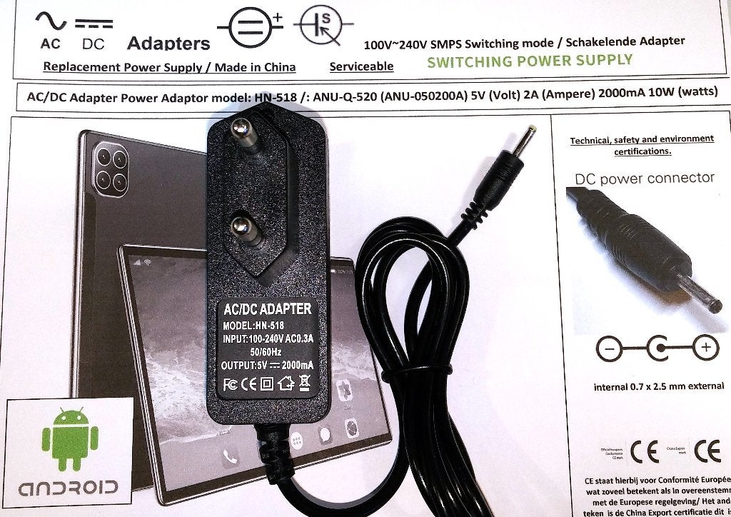 Tablet Lader 5V 2A 10W AC DC Adapter 2.5x0.7 Medion Lenovo, Ophalen of Verzenden, Nieuw
