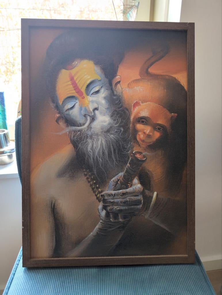 Handgeschilderd schilderij: Monnik met Aap, Ophalen