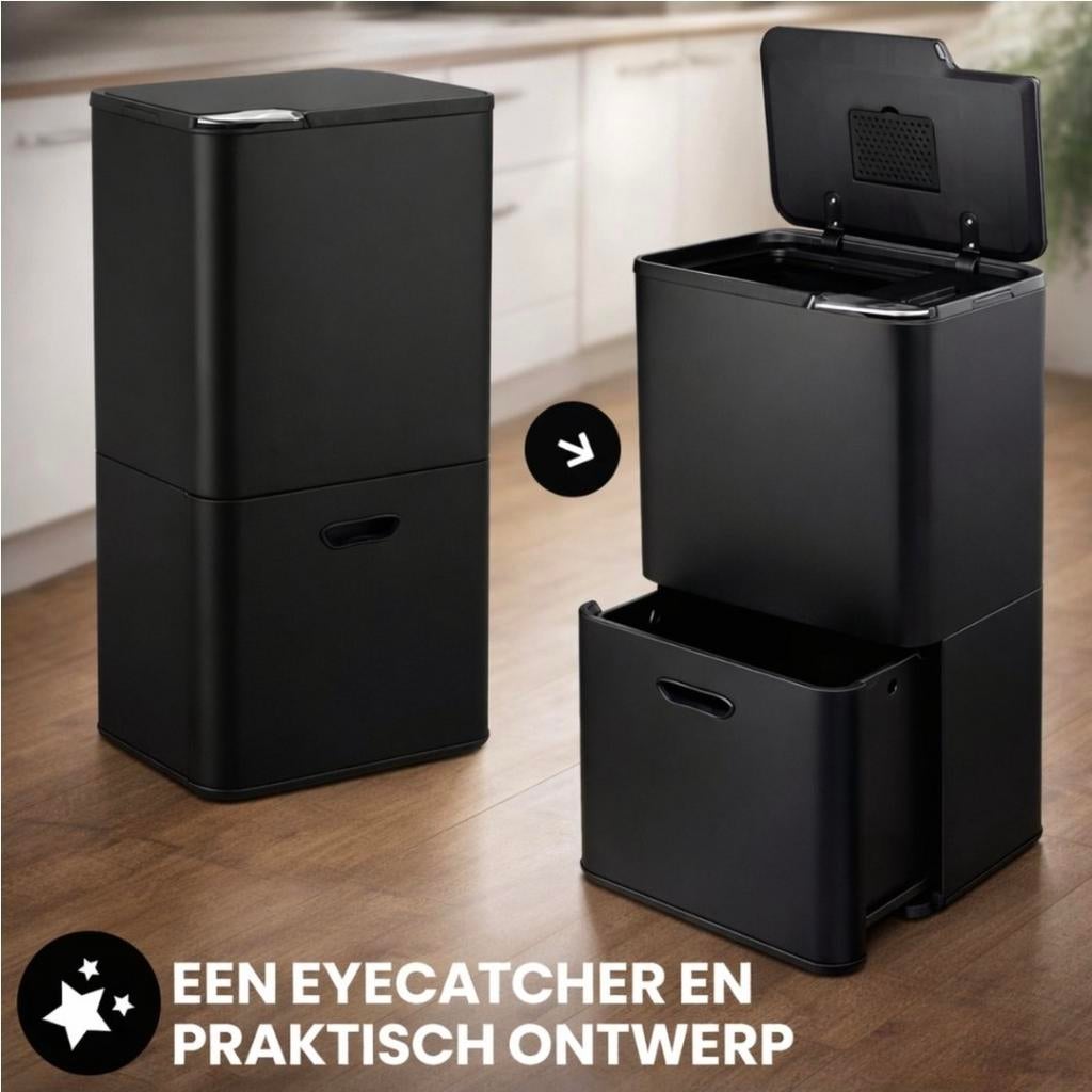 Prullenbak Afvalscheiding - 2 Compartimenten - RVS - Zwart, Ophalen, Nieuw, 40 liter of meer, Rvs
