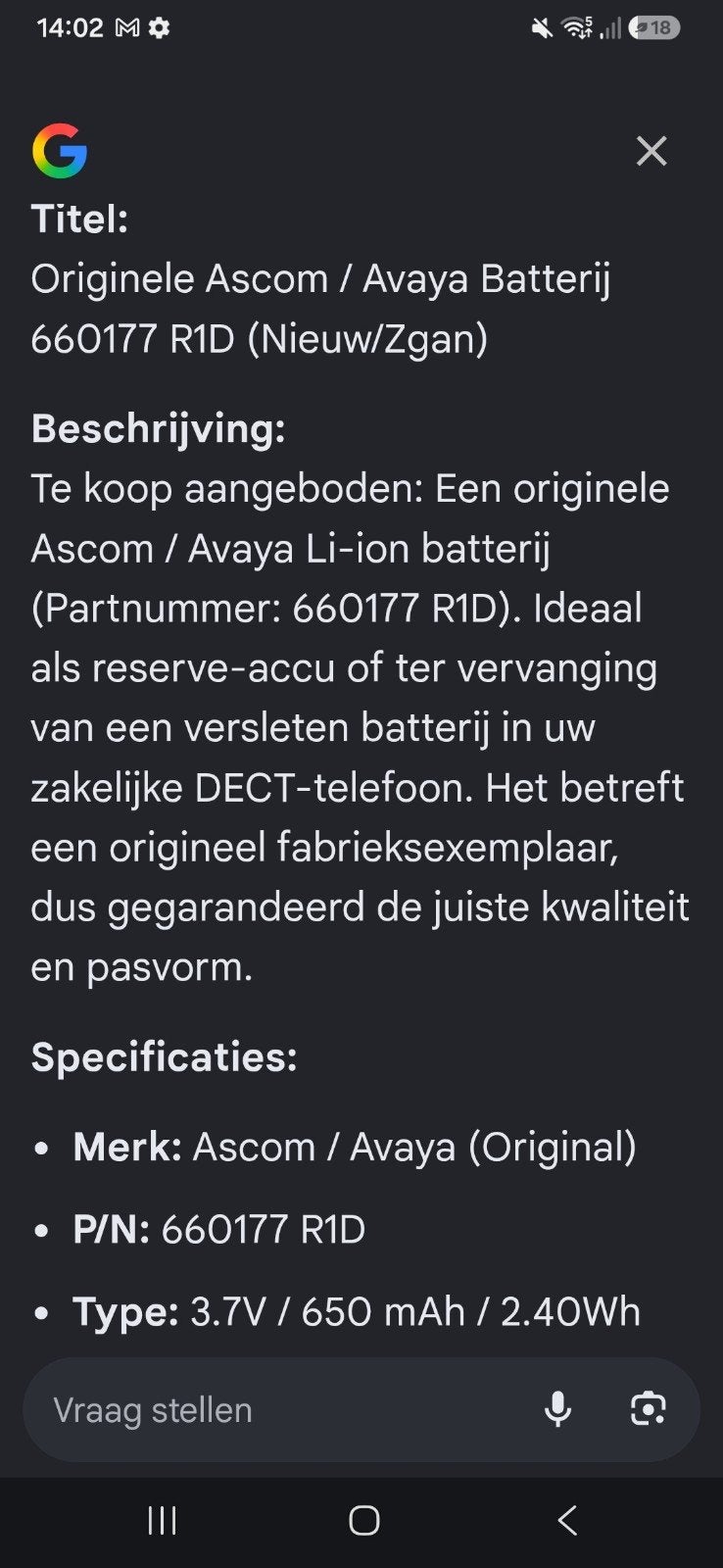 Originele Ascom Batterij 660177 R1D nieuw, Telecommunicatie, Mobiele telefoons | Batterijen en Accu's, Ophalen