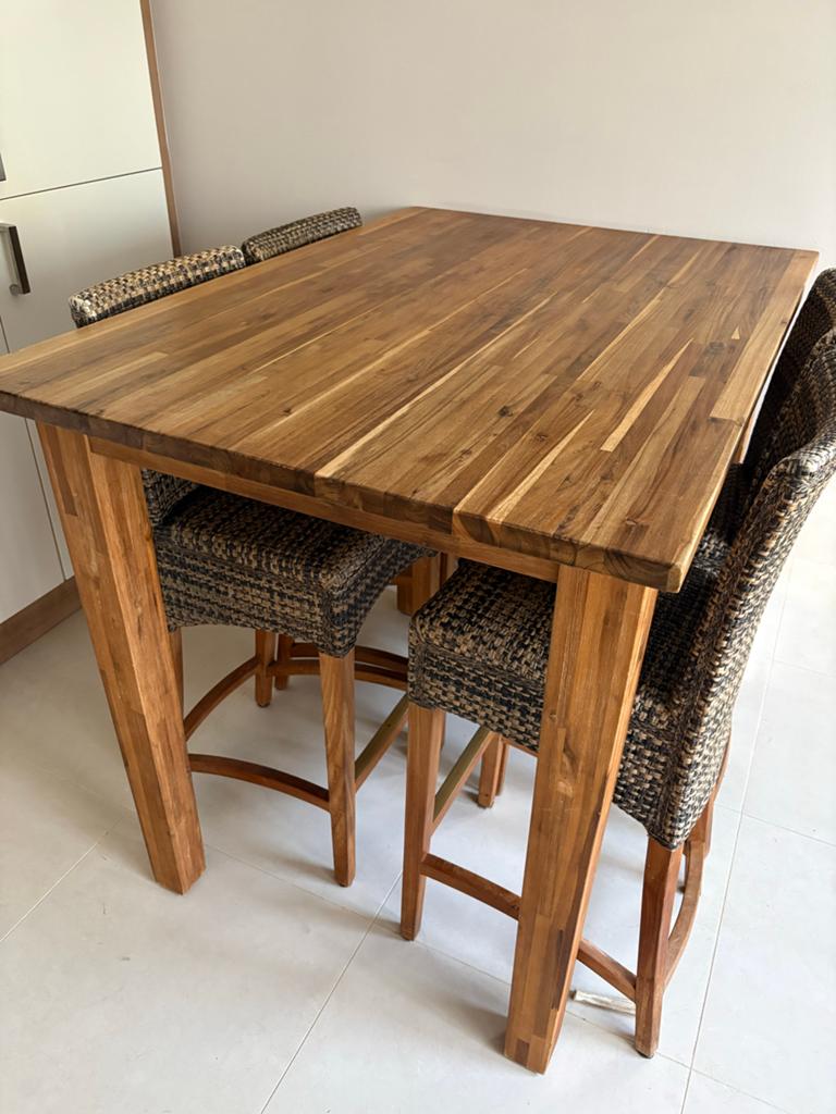 Hoge houten tafel met 6 barkrukken, Ophalen, ., ., 90 cm of meer