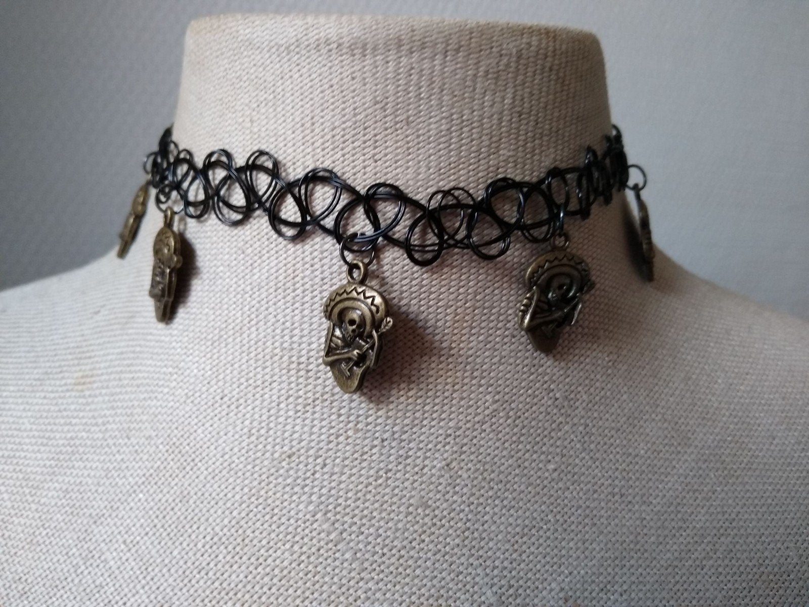 Tattoo Choker Dia de los Muertos Halloween Mexicaan gitaar, Sieraden, Tassen en Uiterlijk, Zwart, Ophalen of Verzenden, Zo goed als nieuw
