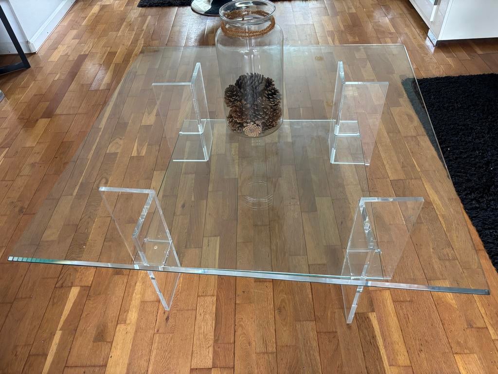 Glazen tafel met plexiglazen voetstukken, Ophalen of Verzenden, Gebruikt, Glas