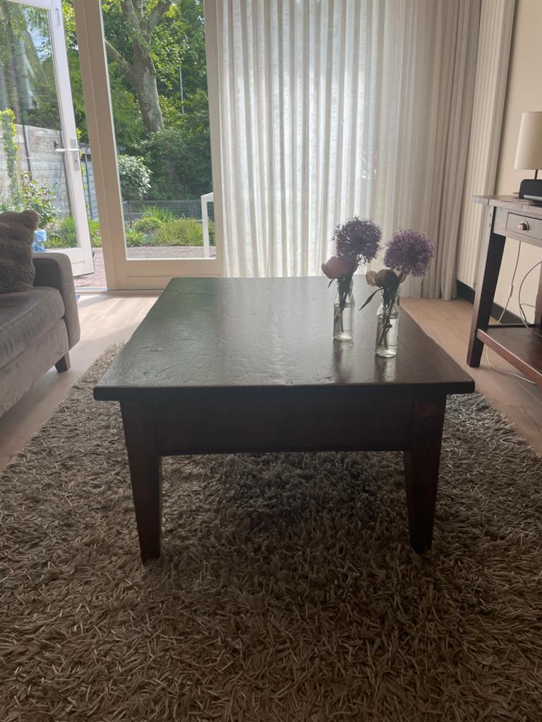 Teakhouten salontafel met lade - Goede staat, Huis en Inrichting, Tafels | Salontafels, Ophalen, Gebruikt, 100 tot 150 cm, 50 tot 75 cm