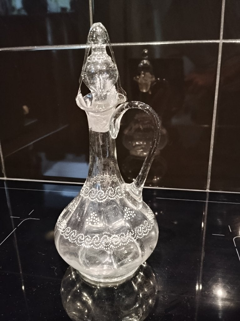 Glazen drankkaraf antiek 26cm hoog met emaille stippen, Ophalen of Verzenden