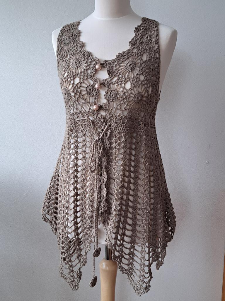 Gehaakte boho hippie top taupe/khaki, Kleding | Dames, Maat 38/40 (M), Overige kleuren, Ophalen of Verzenden, Zo goed als nieuw