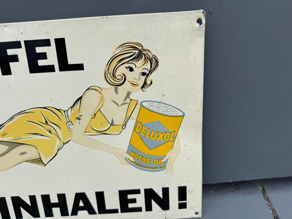 Vintage Deluxol Motorolie  Reclamebord - Pin-up, Reclamebord, Gebruikt, ., Ophalen of Verzenden