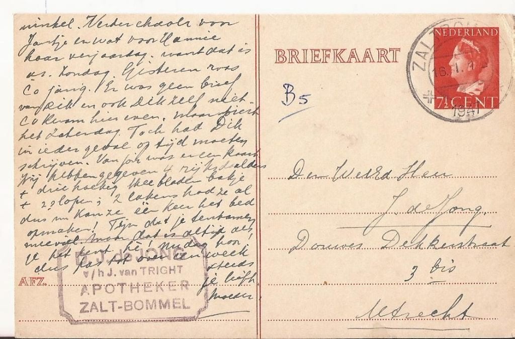 ZALTBOMMEL 1937 De JONG vh Van TRICHT apotheker, Ophalen, 1920 tot 1940, Gelopen, Utrecht