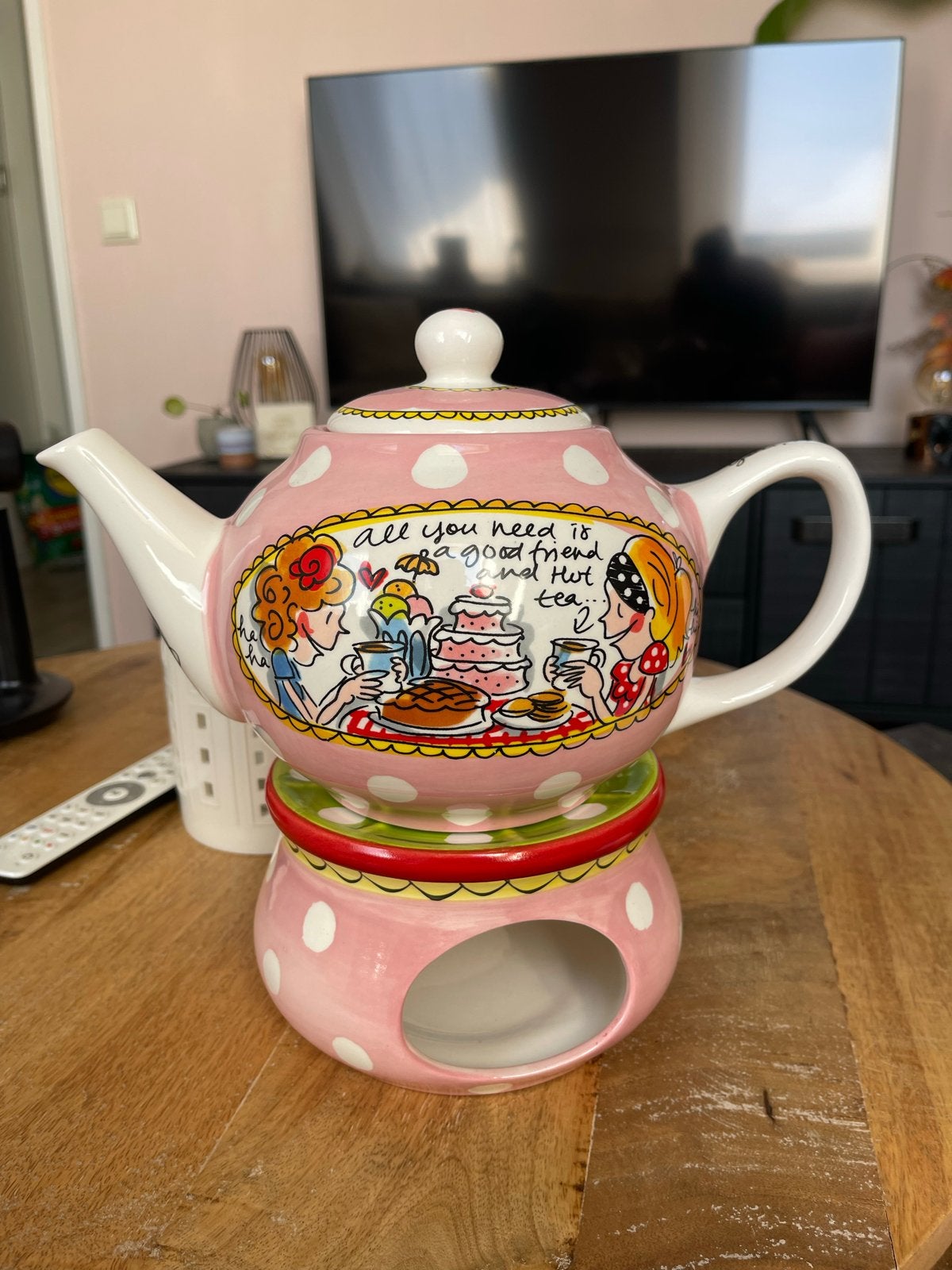 Blond Amsterdam Theepot met theelichtje - Roze stippen, Zo goed als nieuw, Roze, Steen/keramiek, Ophalen