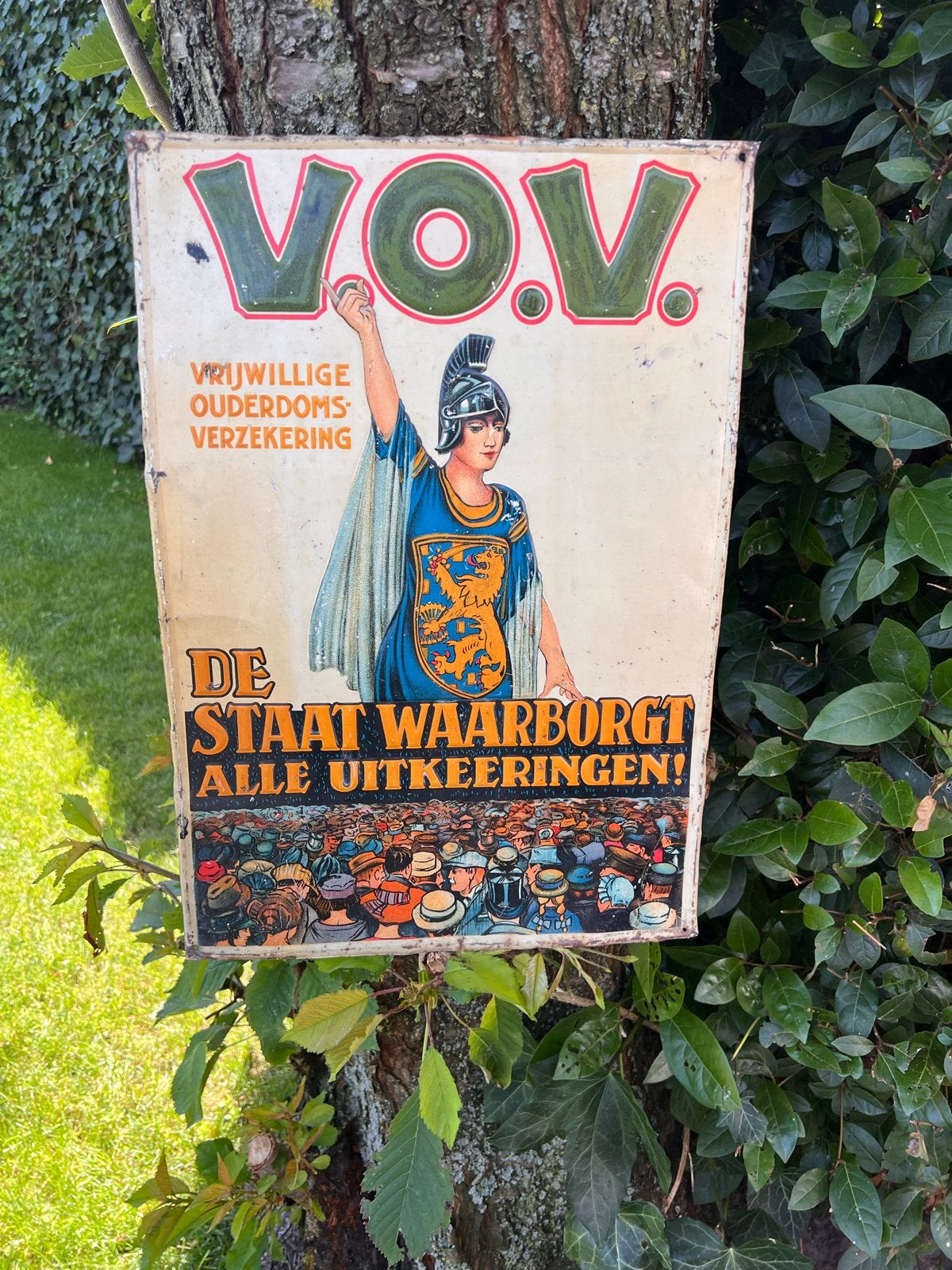Zeldzaam V.O.V. Blikken reclamebord - Vrijwillige Ouderdomsv, Ophalen of Verzenden